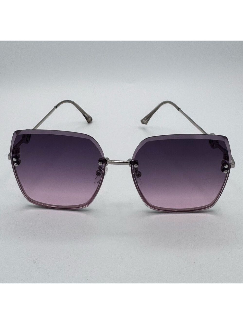 Silver Rimless Beveled Sunglasses – Oversized Purple Gradient Lens (New)
